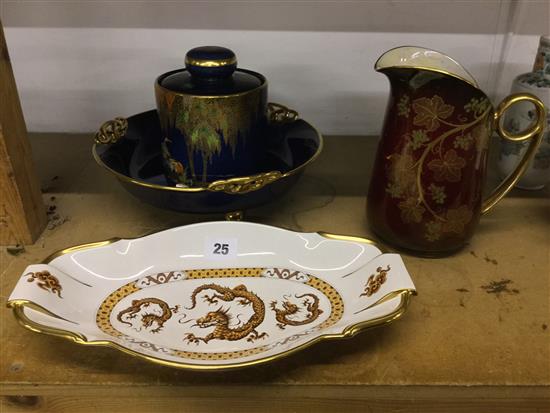 Carltonware- a Rouge Royale jug, Bleu Royale jar and cover, and 2 dishes